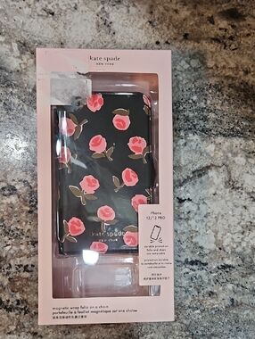 📣kate spade Black with Pink Floral iPhone 12/12 Pro Folio Case